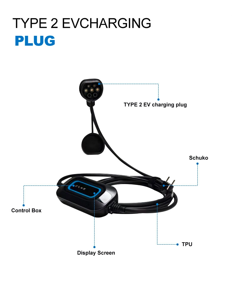 Manufacturer Supply EV Charging Cable Type 2 32A 25ov 5m EV Charging Cable Type 2 Coiled Green EV Socket Plug Electric Vehicle Battery